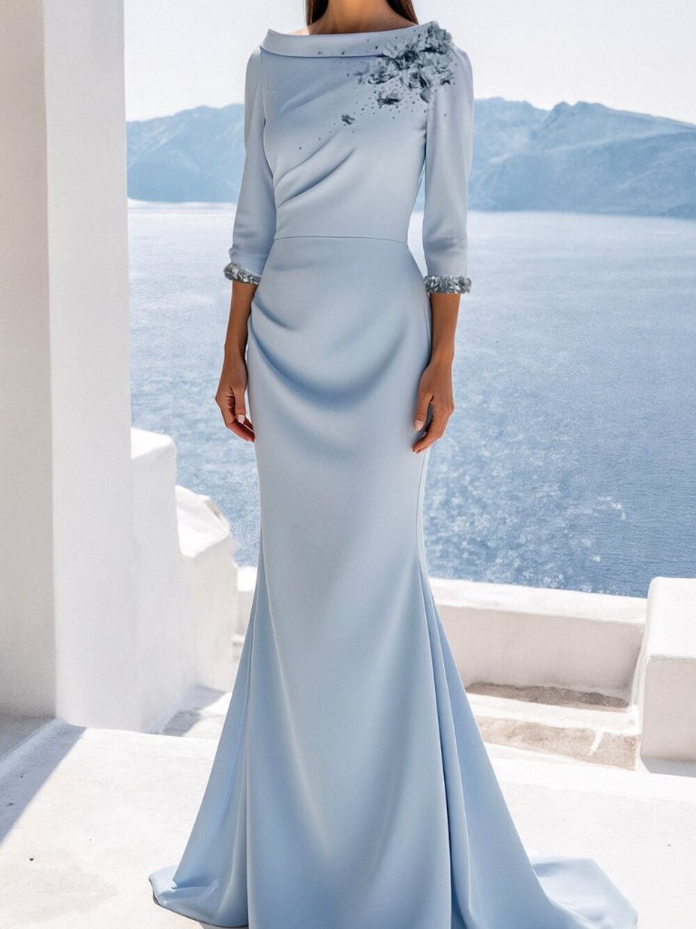 NWT Terani Couture 261E6701 Embellished Crepe Formal Dress Light Blue size 10